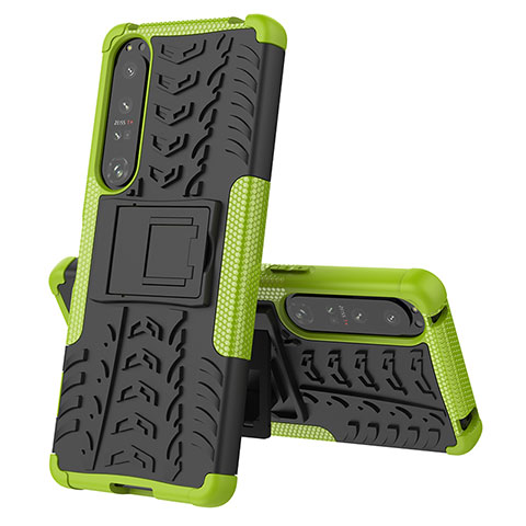 Silikon Hülle Handyhülle und Kunststoff Schutzhülle Hartschalen Tasche mit Ständer JX2 für Sony Xperia 1 IV Grün