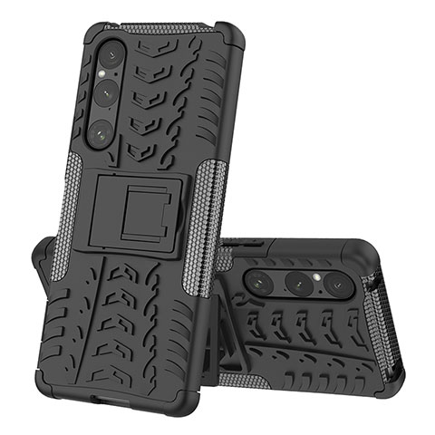 Silikon Hülle Handyhülle und Kunststoff Schutzhülle Hartschalen Tasche mit Ständer JX2 für Sony Xperia 1 V Schwarz