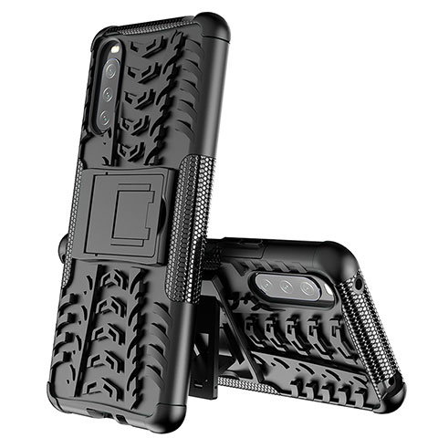 Silikon Hülle Handyhülle und Kunststoff Schutzhülle Hartschalen Tasche mit Ständer JX2 für Sony Xperia 10 III Lite Schwarz
