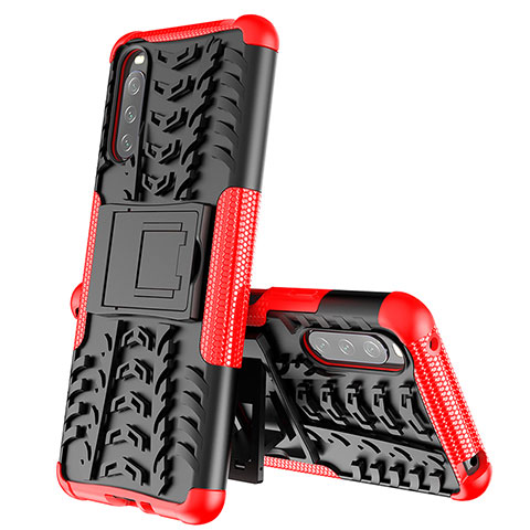 Silikon Hülle Handyhülle und Kunststoff Schutzhülle Hartschalen Tasche mit Ständer JX2 für Sony Xperia 10 III SOG04 Rot