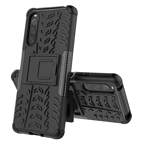 Silikon Hülle Handyhülle und Kunststoff Schutzhülle Hartschalen Tasche mit Ständer JX2 für Sony Xperia 10 IV SOG07 Schwarz