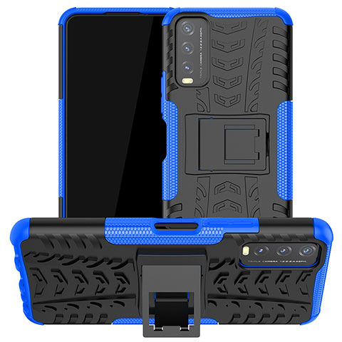 Silikon Hülle Handyhülle und Kunststoff Schutzhülle Hartschalen Tasche mit Ständer JX2 für Vivo Y11s Blau