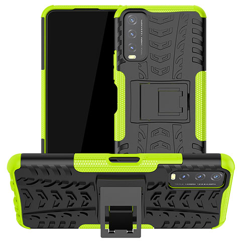 Silikon Hülle Handyhülle und Kunststoff Schutzhülle Hartschalen Tasche mit Ständer JX2 für Vivo Y20s Grün