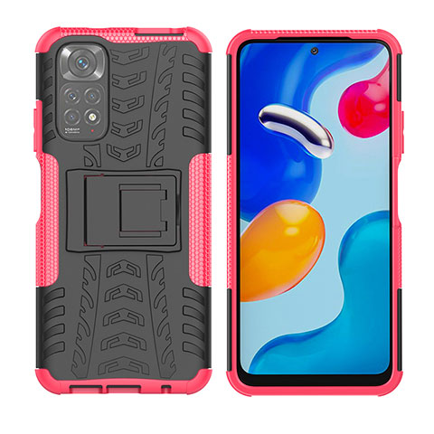 Silikon Hülle Handyhülle und Kunststoff Schutzhülle Hartschalen Tasche mit Ständer JX2 für Xiaomi Redmi Note 11 4G (2022) Pink