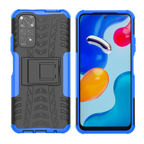 Silikon Hülle Handyhülle und Kunststoff Schutzhülle Hartschalen Tasche mit Ständer JX2 für Xiaomi Redmi Note 11S 4G Blau