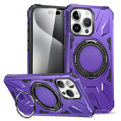 Silikon Hülle Handyhülle und Kunststoff Schutzhülle Hartschalen Tasche mit Ständer K02C für Apple iPhone 14 Pro Violett