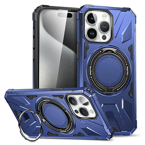 Silikon Hülle Handyhülle und Kunststoff Schutzhülle Hartschalen Tasche mit Ständer K02C für Apple iPhone 16 Pro Max Blau