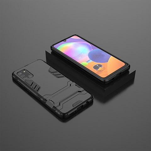 Silikon Hülle Handyhülle und Kunststoff Schutzhülle Hartschalen Tasche mit Ständer KC1 für Samsung Galaxy A31 Schwarz