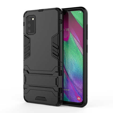 Silikon Hülle Handyhülle und Kunststoff Schutzhülle Hartschalen Tasche mit Ständer KC1 für Samsung Galaxy A41 Schwarz