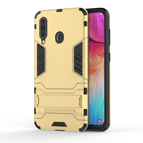 Silikon Hülle Handyhülle und Kunststoff Schutzhülle Hartschalen Tasche mit Ständer KC1 für Samsung Galaxy A60 Gold