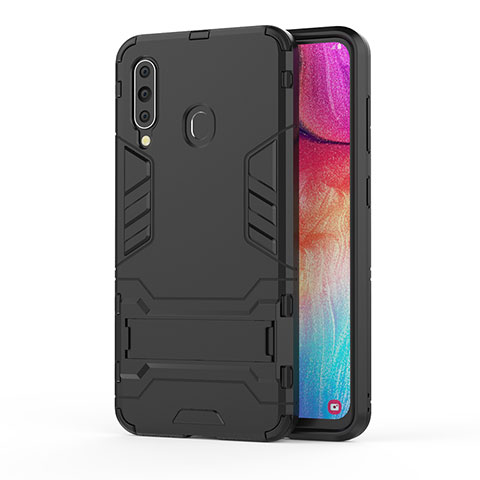 Silikon Hülle Handyhülle und Kunststoff Schutzhülle Hartschalen Tasche mit Ständer KC1 für Samsung Galaxy A60 Schwarz