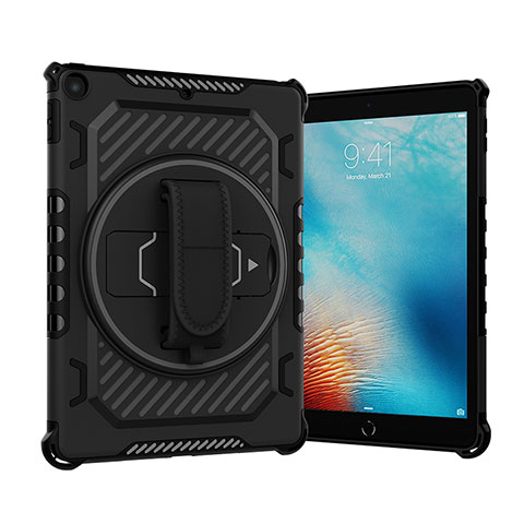 Silikon Hülle Handyhülle und Kunststoff Schutzhülle Hartschalen Tasche mit Ständer L07 für Apple New iPad 9.7 (2017) Schwarz