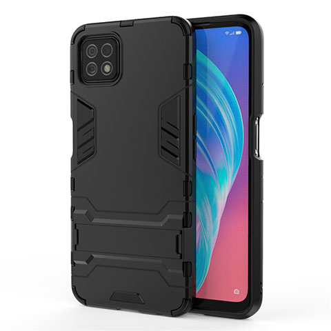 Silikon Hülle Handyhülle und Kunststoff Schutzhülle Hartschalen Tasche mit Ständer M01 für Oppo A72 5G Schwarz