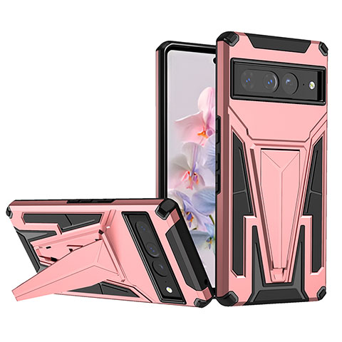 Silikon Hülle Handyhülle und Kunststoff Schutzhülle Hartschalen Tasche mit Ständer MQ1 für Google Pixel 7 Pro 5G Rosegold