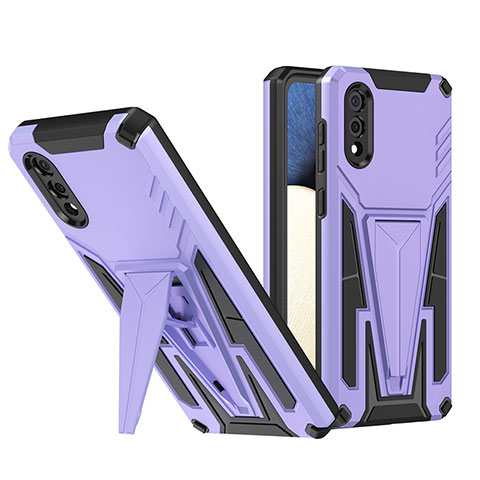 Silikon Hülle Handyhülle und Kunststoff Schutzhülle Hartschalen Tasche mit Ständer MQ1 für Samsung Galaxy A02 Violett