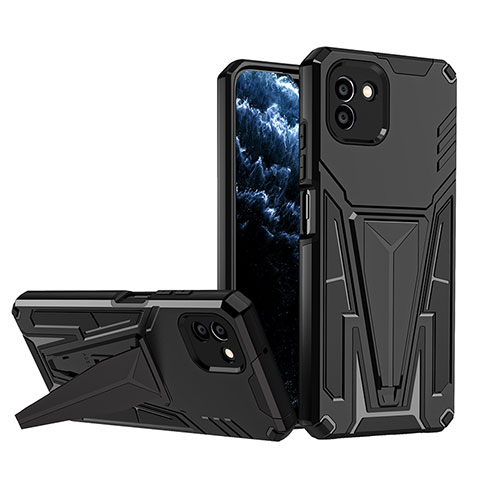 Silikon Hülle Handyhülle und Kunststoff Schutzhülle Hartschalen Tasche mit Ständer MQ1 für Samsung Galaxy A03 Schwarz