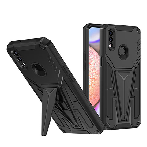 Silikon Hülle Handyhülle und Kunststoff Schutzhülle Hartschalen Tasche mit Ständer MQ1 für Samsung Galaxy A10s Schwarz