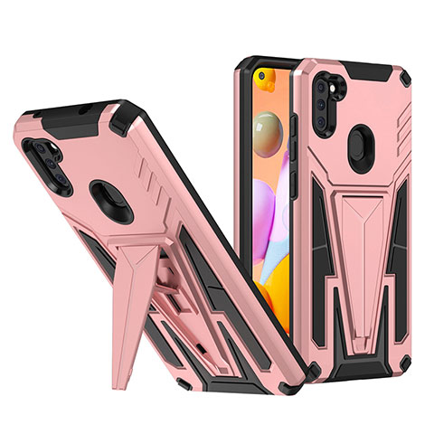 Silikon Hülle Handyhülle und Kunststoff Schutzhülle Hartschalen Tasche mit Ständer MQ1 für Samsung Galaxy A11 Rosegold