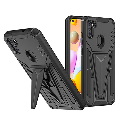 Silikon Hülle Handyhülle und Kunststoff Schutzhülle Hartschalen Tasche mit Ständer MQ1 für Samsung Galaxy A11 Schwarz