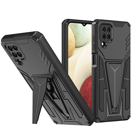 Silikon Hülle Handyhülle und Kunststoff Schutzhülle Hartschalen Tasche mit Ständer MQ1 für Samsung Galaxy A12 Nacho Schwarz