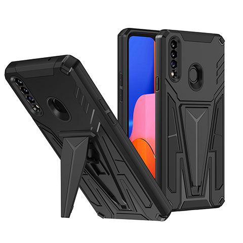 Silikon Hülle Handyhülle und Kunststoff Schutzhülle Hartschalen Tasche mit Ständer MQ1 für Samsung Galaxy A20s Schwarz