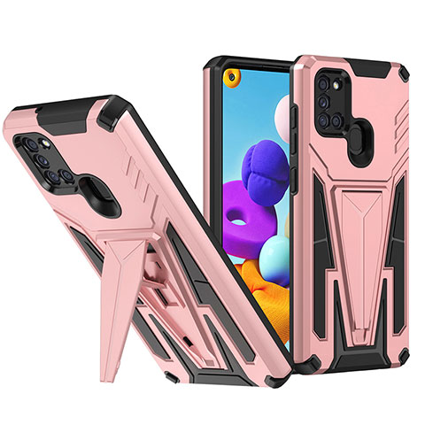 Silikon Hülle Handyhülle und Kunststoff Schutzhülle Hartschalen Tasche mit Ständer MQ1 für Samsung Galaxy A21 Rosegold