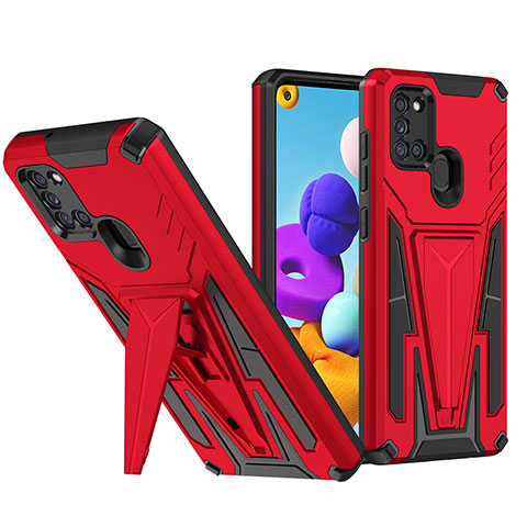 Silikon Hülle Handyhülle und Kunststoff Schutzhülle Hartschalen Tasche mit Ständer MQ1 für Samsung Galaxy A21 Rot