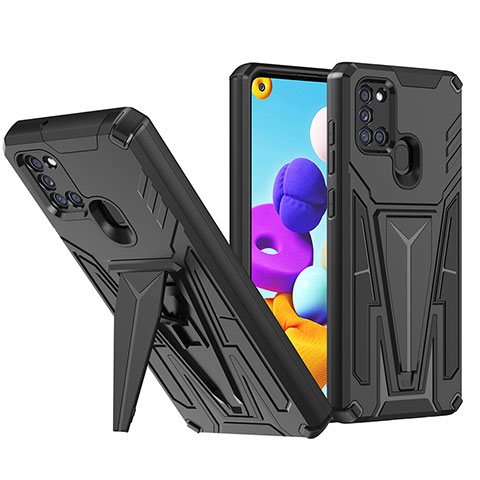 Silikon Hülle Handyhülle und Kunststoff Schutzhülle Hartschalen Tasche mit Ständer MQ1 für Samsung Galaxy A21 Schwarz