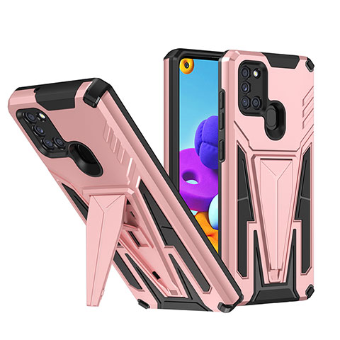 Silikon Hülle Handyhülle und Kunststoff Schutzhülle Hartschalen Tasche mit Ständer MQ1 für Samsung Galaxy A21s Rosegold