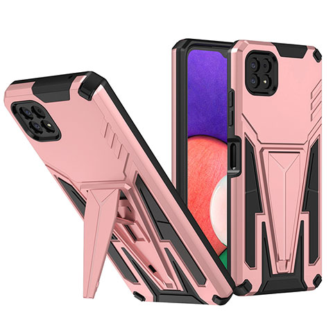 Silikon Hülle Handyhülle und Kunststoff Schutzhülle Hartschalen Tasche mit Ständer MQ1 für Samsung Galaxy A22 5G Rosegold