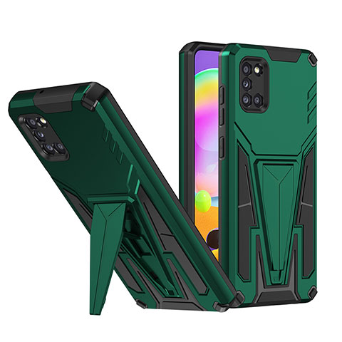 Silikon Hülle Handyhülle und Kunststoff Schutzhülle Hartschalen Tasche mit Ständer MQ1 für Samsung Galaxy A31 Grün