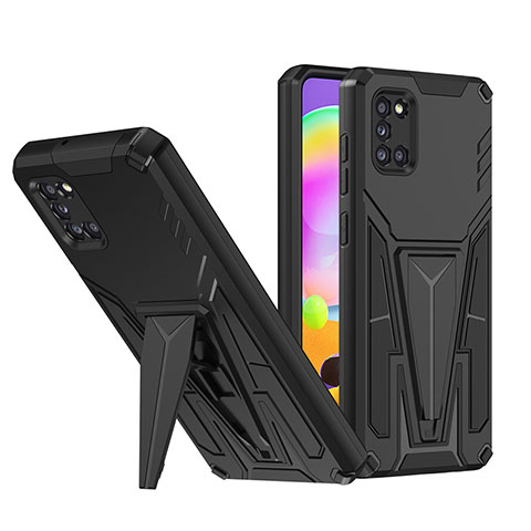 Silikon Hülle Handyhülle und Kunststoff Schutzhülle Hartschalen Tasche mit Ständer MQ1 für Samsung Galaxy A31 Schwarz