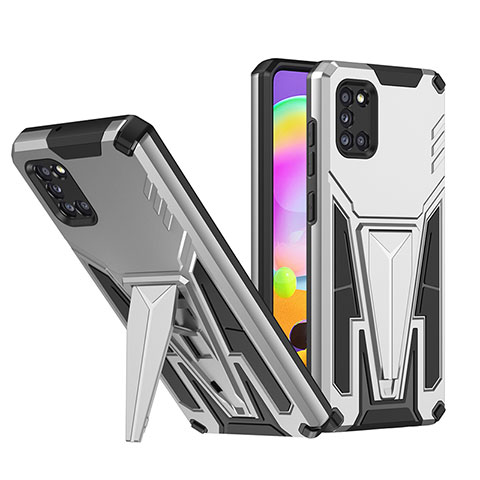 Silikon Hülle Handyhülle und Kunststoff Schutzhülle Hartschalen Tasche mit Ständer MQ1 für Samsung Galaxy A31 Silber