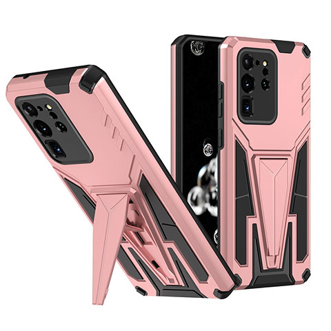 Silikon Hülle Handyhülle und Kunststoff Schutzhülle Hartschalen Tasche mit Ständer MQ1 für Samsung Galaxy S20 Ultra 5G Rosegold