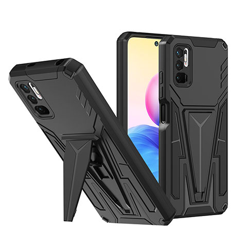 Silikon Hülle Handyhülle und Kunststoff Schutzhülle Hartschalen Tasche mit Ständer MQ1 für Xiaomi POCO M3 Pro 5G Schwarz