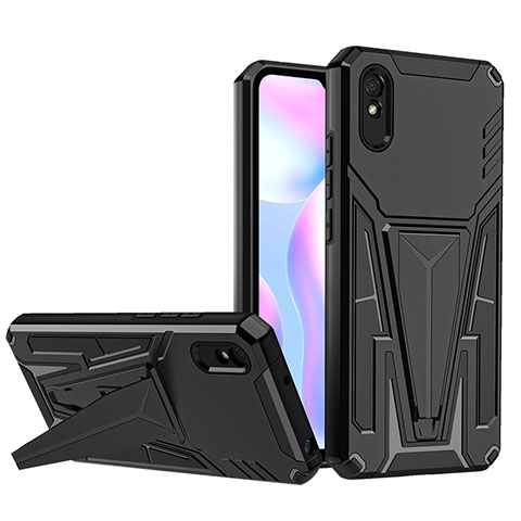 Silikon Hülle Handyhülle und Kunststoff Schutzhülle Hartschalen Tasche mit Ständer MQ1 für Xiaomi Redmi 9A Schwarz