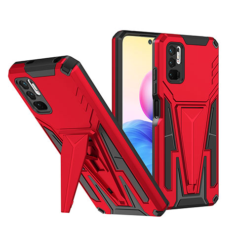 Silikon Hülle Handyhülle und Kunststoff Schutzhülle Hartschalen Tasche mit Ständer MQ1 für Xiaomi Redmi Note 10 5G Rot
