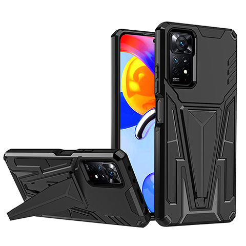 Silikon Hülle Handyhülle und Kunststoff Schutzhülle Hartschalen Tasche mit Ständer MQ1 für Xiaomi Redmi Note 11 Pro 4G Schwarz