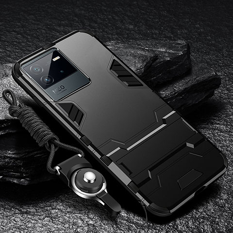Silikon Hülle Handyhülle und Kunststoff Schutzhülle Hartschalen Tasche mit Ständer R01 für Vivo iQOO Neo6 5G Schwarz