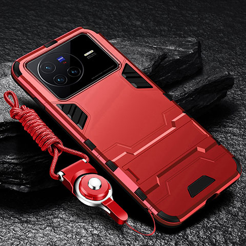 Silikon Hülle Handyhülle und Kunststoff Schutzhülle Hartschalen Tasche mit Ständer R01 für Vivo X80 5G Rot