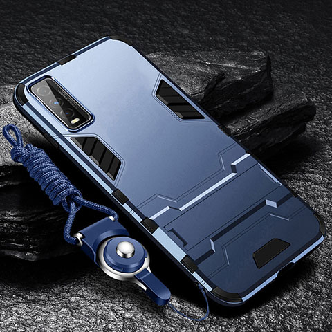 Silikon Hülle Handyhülle und Kunststoff Schutzhülle Hartschalen Tasche mit Ständer R01 für Vivo Y50t Blau
