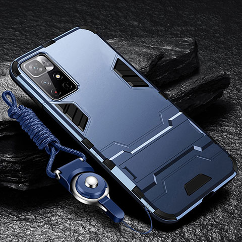 Silikon Hülle Handyhülle und Kunststoff Schutzhülle Hartschalen Tasche mit Ständer R01 für Xiaomi Poco M4 Pro 5G Blau
