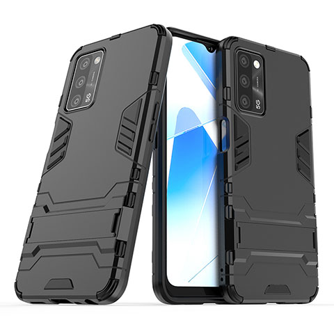 Silikon Hülle Handyhülle und Kunststoff Schutzhülle Hartschalen Tasche mit Ständer T01 für Oppo A53s 5G Schwarz