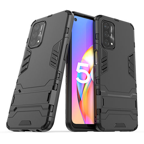 Silikon Hülle Handyhülle und Kunststoff Schutzhülle Hartschalen Tasche mit Ständer T01 für Oppo A54 5G Schwarz