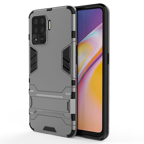 Silikon Hülle Handyhülle und Kunststoff Schutzhülle Hartschalen Tasche mit Ständer T01 für Oppo F19 Pro Grau