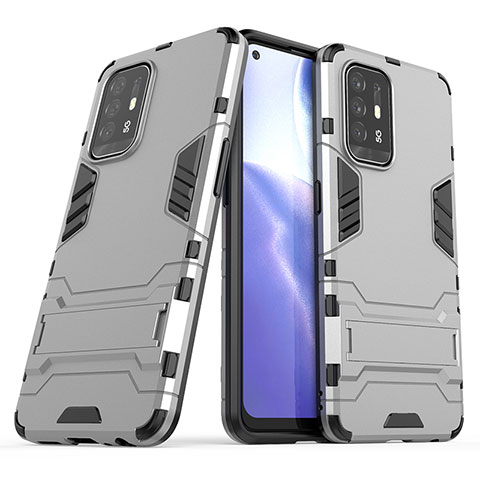 Silikon Hülle Handyhülle und Kunststoff Schutzhülle Hartschalen Tasche mit Ständer T01 für Oppo F19 Pro+ Plus 5G Grau