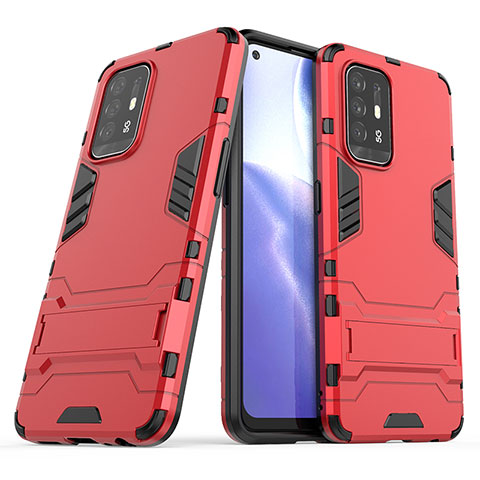 Silikon Hülle Handyhülle und Kunststoff Schutzhülle Hartschalen Tasche mit Ständer T01 für Oppo F19 Pro+ Plus 5G Rot