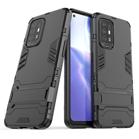 Silikon Hülle Handyhülle und Kunststoff Schutzhülle Hartschalen Tasche mit Ständer T01 für Oppo F19 Pro+ Plus 5G Schwarz