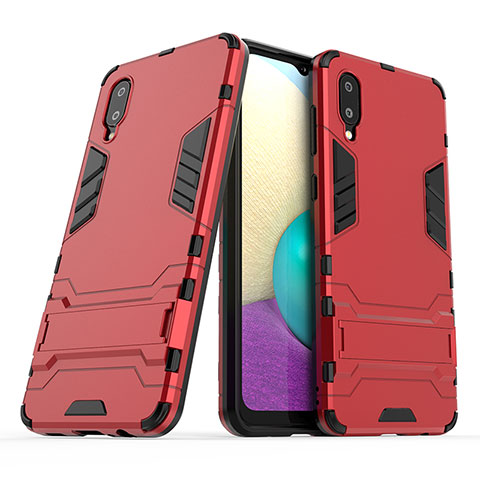 Silikon Hülle Handyhülle und Kunststoff Schutzhülle Hartschalen Tasche mit Ständer T01 für Samsung Galaxy A02 Rot