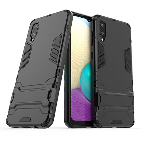 Silikon Hülle Handyhülle und Kunststoff Schutzhülle Hartschalen Tasche mit Ständer T01 für Samsung Galaxy A02 Schwarz